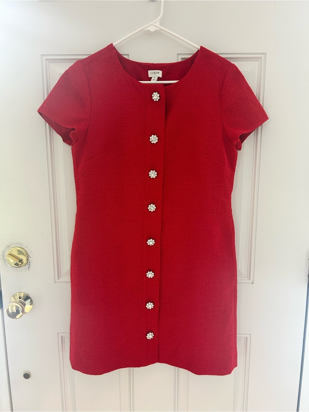 J. Crew Factory Red Short-Sleeve Mini Dress with Jeweled Buttons